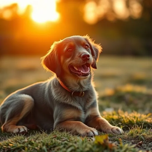 A beautifully composed, warm and inviting image of a content dog looking up expectantly, symbolizing connection and partnership. Soft, diffused lighting, emphasis on trust and warmth.
